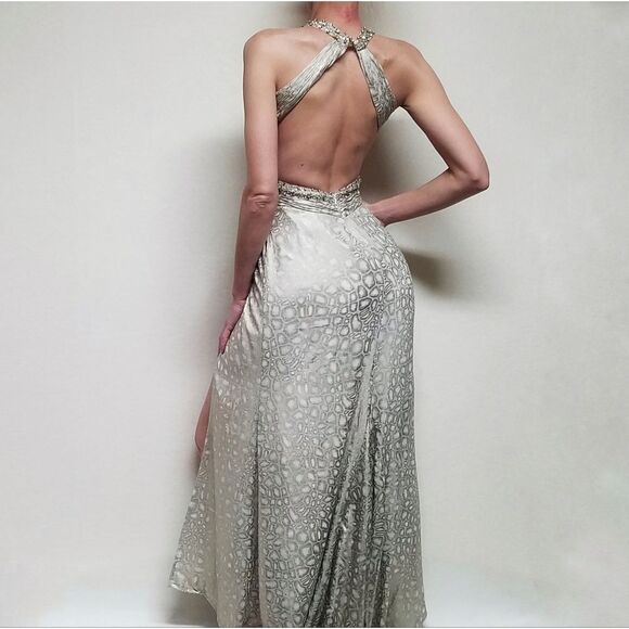 SATIN Snakeskin Silver Sequin Beaded Backless Side Slit Racerback Maxi Dress XS - Picture 3 of 16